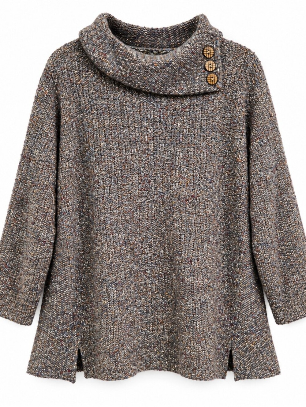 Habitat Women's M Gray Tweed Cowl Neck Button Detail Knit Sweater